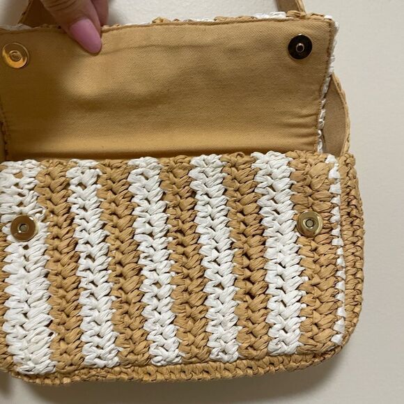 NWT Anthropologie striped Raffia Shoulder Bag In Beige small - Picture 3 of 7
